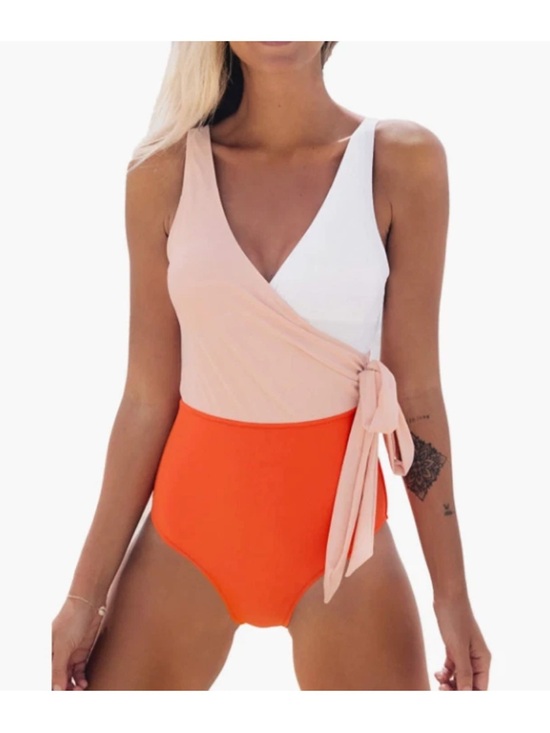 Cupshe Other - Cupshe Colorblock Wrap One-Piece Swimsuit in White, Blush & Orange